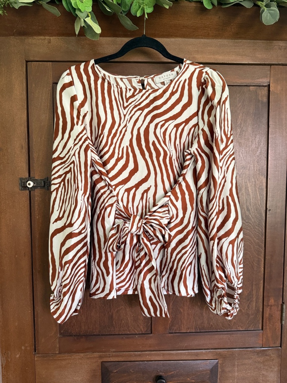 Hayden Rust and White Zebra-Print Long-Sleeve Tie-Front Top